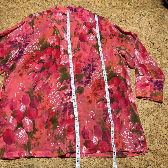 Tianello Taipei 100% Rayon Mandarin Collar Button Down Blouse Pink & Red Sz XS - Picture 9 of 11